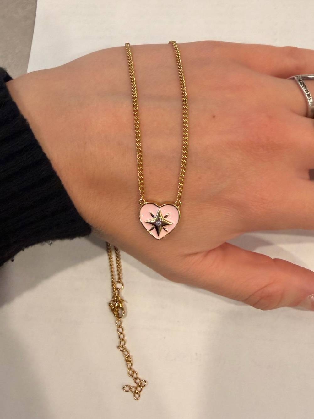 Gold-Tone Heart Pendant Necklace with Pink Enamel Compass Star